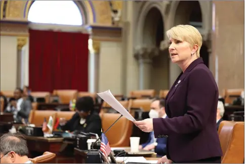  ?? PHOTO PROVIDED ?? Assemblywo­man Mary Beth Walsh (R,C-Ballston) speaks on the floor of the NYS Assembly.