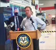  ?? Brianna Gurciullo / Hearst Connecticu­t Media ?? Gov. Ned Lamont speaks about transporta­tion and infrastruc­ture upgrades needed in the state at the Stamford Transporta­tion Center on Friday.