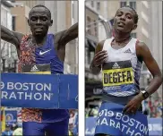  ?? PHOTOS BY WINSLOW TOWNSON / AP ?? Lawrence Cherono of Kenya hits the tape to win the 123rd Boston Marathon on Monday in 2 hours, 7 minutes 57 seconds. Worknesh Degefa broke away from the pack early and became the eighth woman from Ethiopia to win the race, in 2 hours, 23 minutes and 31 seconds.