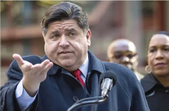  ?? ASHLEE REZIN/SUN-TIMES ?? Governor candidate J.B. Pritzker speaks Thursday outside the Thompson Center.