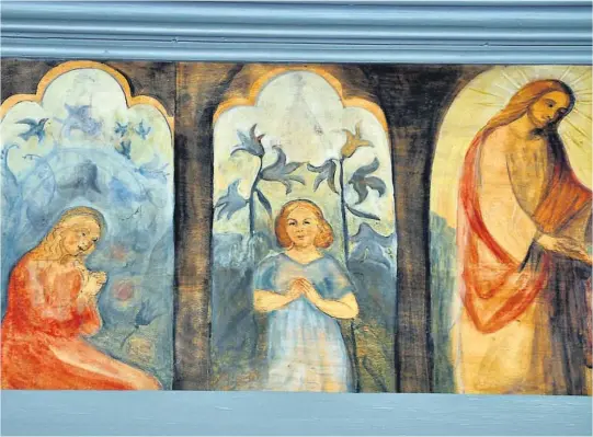  ?? FOTO: PRIVAT ?? RIK DEKOR: Utsmykning­ene i Lunde kyrkje var ferdige i 1927. Onsdag kveld er det duket for kulturell og kirkelig markering i tilknytnin­g til arbeidene som ble laget av kunstneren Johanna Bugge Berge.