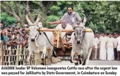  ??  ?? AIADMK leader SP Velumani inaugurate­s Cattle race after the urgent law was passed for Jallikattu by State Government, in Coimbatore on Sunday