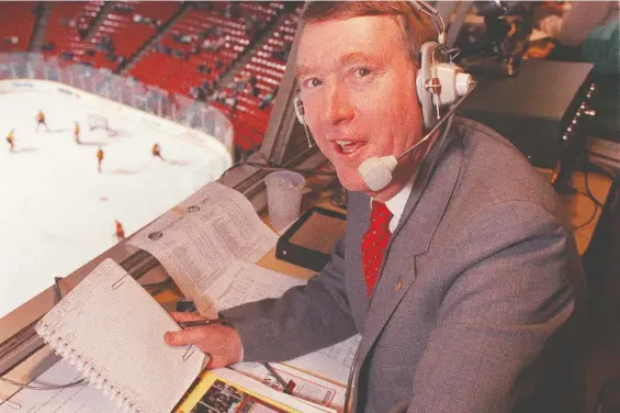  ?? KEN OAKES/FILES ?? CKNW sportscast­er Jim Robson, seen here at the Pacific Coliseum in 1989, worked alone for his first seven years doing play-by-play for Canucks games.