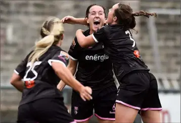  ??  ?? Kylie Murphy (centre) celebrates with Orlaith Conlon after scoring her late winner.