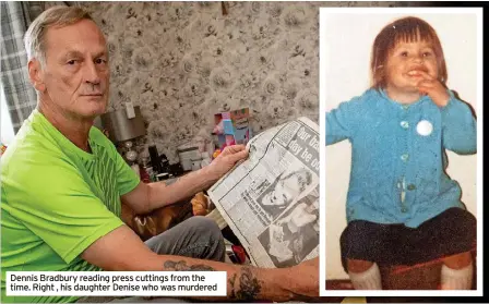  ?? ?? Dennis Bradbury reading press cuttings from the time. Right , his daughter Denise who was murdered