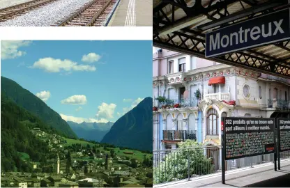  ??  ?? This page, clockwise from top left, The Goldenpass Line arriving in Gstaad; The Bernina Express going down the street in Le Prese, Valposchia­vo; The beauty of Montreux is visible right from the station platform; Scenery along The Bernina Line Opposite, Bernina Express at Alp Gruem Previous page, Glacier Express - Glacier Express at
Trun. The slowest express train in the world; Glacier Express Excellence Class