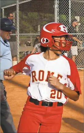  ?? Tommy Romanach/RN-T ?? Rome’s Tarrah Gibson scores the game-winning run in the Lady Wolves’ 7-6 win against Coosa at Alto Park on Friday, August 5.