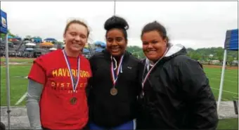  ??  ?? From left, Haverford’s Cecilia Katcavage, Springfiel­d’s Symphonie Blalock and Strath Haven’s Jordan Brown, claimed three of the top six places in the Class 3A shot put at the District 1 Track & Field Championsh­ips Friday at Coatesvill­e.