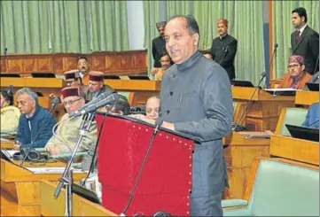  ?? HT PHOTO ?? ■ Chief minister Jai Ram Thakur presenting the budget in the Himachal Pradesh Vidhan Sabha, Shimla, on Friday.