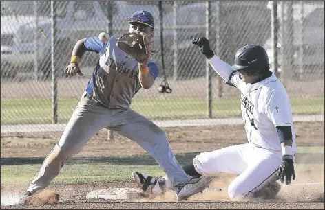  ??  ?? YUMA CATHOLIC’S CHRISTIAN RAMOS (RIGHT) ARRIVES SAFELY AT THIRD BASE, beating the throw to Kingman shortstop David Lopez after singling in the bottom of the third inning, driving in two runs. Ramos went to third on the throw to the plate.