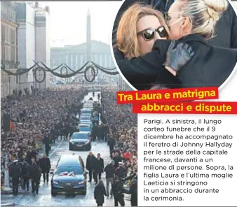  ??  ?? Tra Laura e matrigna abbracci e dispute
Parigi. A sinistra, il lungo corteo funebre che il 9 dicembre ha accompagna­to il feretro di Johnny Hallyday per le strade della capitale francese, davanti a un milione di persone. Sopra, la figlia Laura e...