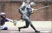  ??  ?? Vanderbilt’s Enrique Bradfield Jr. hits an infield single against East Carolina in the eighth inning of an NCAA college baseball super regional game, on June 11, in Nashville, Tenn. (AP)