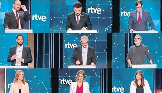  ?? RTVE / EP ?? Fernández, Aragonès, Illa, Garriga, Carrizosa, Riera, Albiach, Chacón y Borràs, en el debate electoral de anoche en RTVE