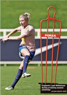  ?? JACOB KING/PA WIRE ?? England’s Leah Williamson during a training session yesterday