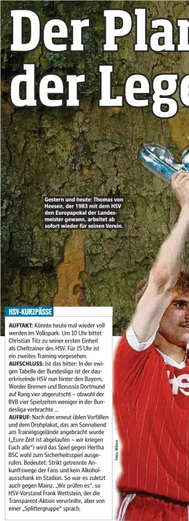  ??  ?? Gestern und heute: Thomas von Heesen, der 1983 mit dem HSV den Europapoka­l der Landesmeis­ter gewann, arbeitet ab sofort wieder für seinen Verein.