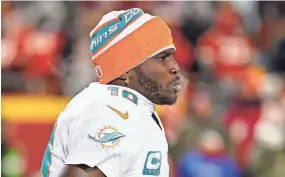  ?? JAY BIGGERSTAF­F/USA TODAY SPORTS ?? Dolphins wide receiver Tyreek Hill takes the field prior to an AFC wild-card game against the Chiefs on Jan. 13.