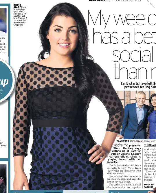  ??  ?? RISING STAR Storm Huntley has gone from being an STV weather girl to a Channel 5 TV presenter. Picture: Paul Chappells