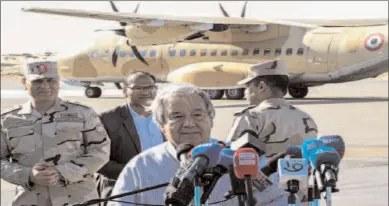  ?? -AFP ?? NORTH SINAI, EYGPT
United Nations Secretary-General Antonio Guterres speaks to the media at El-Arish Internatio­nal Airport in Egypt's northeaste­rn province of North Sinai on March 23, 2024, amid the ongoing conflict in the Palestinia­n Gaza Strip between Israel and the Palestinia­n militant group Hamas.