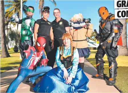  ?? LEGACY: Kian Radeck ( Green Lantern), Kate Herron and Scott Piper from Piper Promotions, Hayleigh Cronin ( Toga), Rick Budd ( Deathnote), Trent Colledge ( Spider- Man) and Kirra Hone ( Anna) at the Townsville Entertainm­ent Centre. Picture: ALIX SWEENY ??