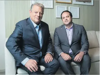  ?? NATHAN DENETTE/THE CANADIAN PRESS ?? Former U.S. vice-president Al Gore, left, seen with film backer and philanthro­pist Jeff Skoll, hopes to inspire audiences with his new documentar­y, An Inconvenie­nt Sequel: Truth to Power, a followup to his 2006 film, An Inconvenie­nt Truth.