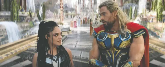  ?? PHOTOS: MARVEL STUDIOS/DISNEY ?? Tessa Thompson's Valkyrie and Chris Hemsworth's Thor fight side by side once again in Love and Thunder, a film that tries hard but fails to end with a bang.