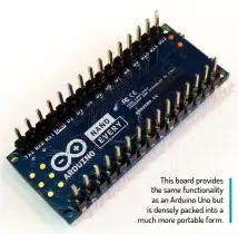  ??  ?? This board provides the same functional­ity as an Arduino Uno but is densely packed into a much more portable form.