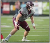  ?? Courtesy of Tulsa World ?? Arkansas offensive lineman Brady Latham was an all-state selection last season at Oklahoma power Jenks, choosing the Razorbacks over scholarshi­p offers from New Mexico, Missouri State and Utah State.