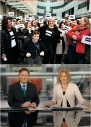  ??  ?? Top: Carrie and other BBC staff stage a demo about equal pay in 2018; Carrie presents the news with Simon Mccoy, 2008