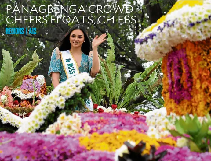  ?? —EV ESPIRITU ?? BEAUTY IN PARADE Miss Internatio­nal Kylie Verzosa, a native of Baguio City, joins the Panagbenga Festival’s parade of floral floats on Sunday.
