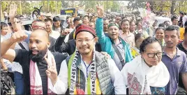  ?? PTI ?? National People’s Party (NPP) candidate James Sangma displays victory sign after winning in Dadenggre constituen­cy in the Meghalaya assembly elections on Saturday.