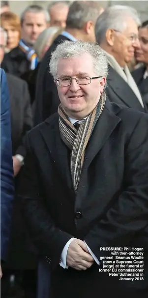  ??  ?? Pressure: Phil Hogan with then-attorney general Séamus Woulfe (now a Supreme Court judge) at the funeral of former EU commission­er Peter Sutherland in January 2018