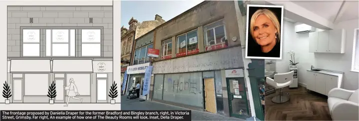  ??  ?? The frontage proposed by Daniella Draper for the former Bradford and Bingley branch, right, in Victoria Street, Grimsby. Far right, An example of how one of The Beauty Rooms will look. Inset, Della Draper.