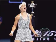  ?? Hamish Blair / Associated Press ?? Ash Barty celebrates after defeating Danielle Collins to win the Australian Open title on Saturday.