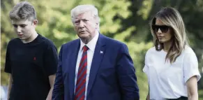  ?? CAROLYN KASTER AP ?? President Donald Trump, first lady Melania Trump and their son Barron Trump arrive at the White House on Aug. 18, 2019, as they return from Bedminster, N.J., the site of a Trump golf club.