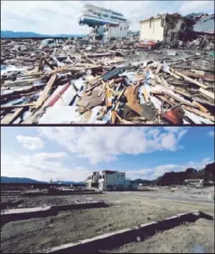  ?? Photograph­s, from top, by Yasuyoshi Chiba AFP; Toru Yamanaka AFP / Getty Images ?? CLEANUP has progressed, as seen in the then-and-now photograph­s above of a house in Otsuchi, Japan. But rebuilding efforts have been slow.