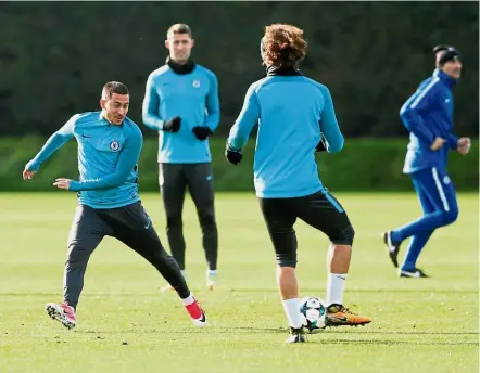  ??  ?? Hard at work: Chelsea’s Eden Hazard (left) and David Luiz (centre) during training ahead of the match against AS Roma today. — Reuters