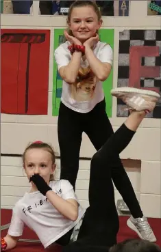  ??  ?? Millie McGuire and Hannah Doyle, third class pupils at Barntown NS, aka The Galway Girls, taking part in the ‘Barntown’s Got Talent’ final in the school. The talent show was organised to raise funds for Aoibheann’s Pink Tie.