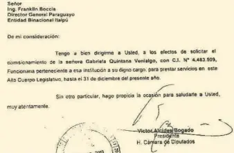  ??  ?? El entonces titular de Diputados Víctor Bogado (ANR, hoy cartista) solicita en esta nota al Ing. Franklin Boccia el comisionam­iento para su “niñera de oro” de Itaipú a la Cámara Baja.