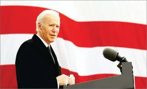  ?? GETTY IMAGES/AFP ?? One day before being inaugurate­d as the 46th president of the US, President-elect Joe Biden delivers remarks at the Major Joseph R ‘Beau’ Biden III National Guard/Reserve Center on Tuesday in New Castle, Delaware.