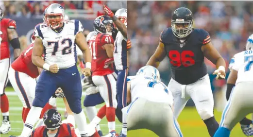  ?? GETTY IMAGES, AP PHOTOS ?? Akiem Hicks played for the Patriots (left) before joining the Bears as a free agent in March 2016 and becoming a mainstay on their defensive line.