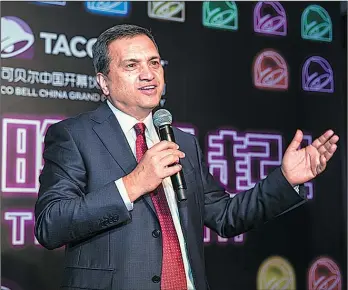  ?? PROVIDED TO CHINA DAILY ?? Micky Pant, CEO of Yum China, makes a speech at the opening ceremony of Taco Bell’s Shanghai restaurant in January.