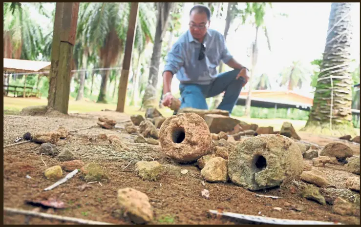  ?? — G.C.TAN/ The Star ?? Hidden treasure: Two pipe-shaped stones are among the many relics displayed at the Sungai Batu archaeolog­ical site.