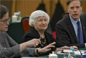  ?? Andy Wong/Associated Press ?? Treasury Secretary Janet Yellen, center, attends a bilateral meeting Saturday with Chinese Vice Premier He Lifeng at the Guangdong Zhudao Guest House in southern China’s Guangdong province.