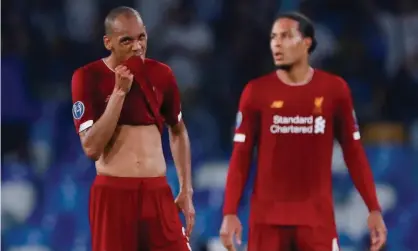  ??  ?? Fabinho looks dejected after Liverpool concede their second goal. Photograph: Andrew Couldridge/Action Images via Reuters