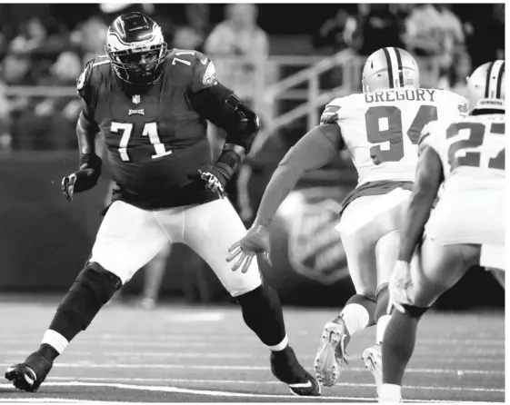  ?? AP ?? Coach Matt Nagy wants offensive tackle Jason Peters (71), who’s scheduled to participat­e in pregame drills Saturday, to learn the playbook before playing in a game.