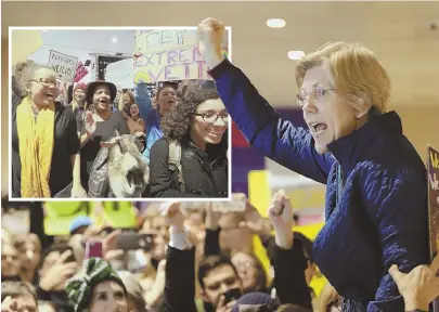  ?? STAFF PHOTO BY NICOLAUS CZARNECKI ?? OPPOSITION TEEMING: Bay State U.S. Sen. Elizabeth Warren leads protesters, inset, at Logan Internatio­nal Airport last night in a chant against President Trump’s order blocking some immigratio­n.