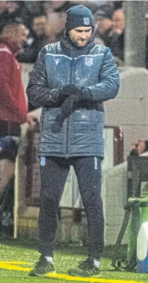  ??  ?? Dundee boss James McPake cuts a frustrated figure at Gayfield.