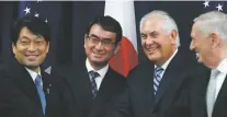  ?? JACQUELYN MARTIN/THE ASSOCAITED PRESS ?? From left, Japanese Defense Minister Itsunori Onodera, Japanese Foreign Minister Taro Kono, U.S. Secretary of State Rex Tillerson and U.S. Defense Secretary James Mattis before a Security Consultati­ve Committee meeting Thursday in Washington. Mattis...