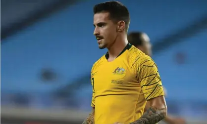  ??  ?? Jamie Maclaren celebrates his goal against Taiwan. Photograph: Getty Images