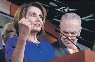  ?? Erik S. Lesser EPA/Shuttersto­ck ?? HOUSE SPEAKER Nancy Pelosi, with Senate Minority Leader Charles E. Schumer, said that President Trump “couldn’t match the greatness of the challenge that we have” on infrastruc­ture. “He just took a pass.”